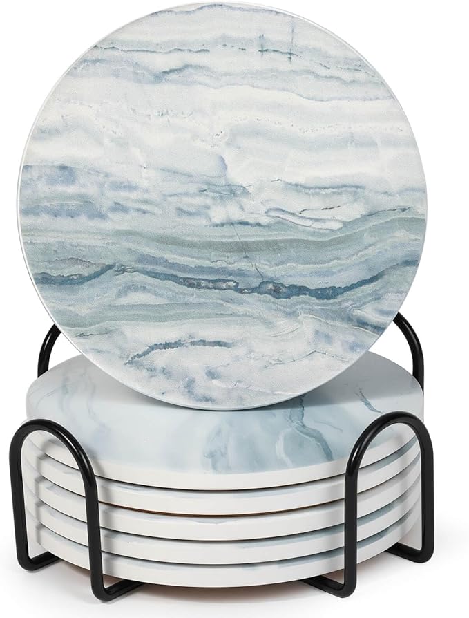Acejoz Drink Coasters with Holder for Coffee Table, Absorbent Coasters Set of 6, Marble Style Ceramic Coaster for Wooden Table, Suitable for Kinds of Cups, Home Decor, 4 Inches(Blue)
