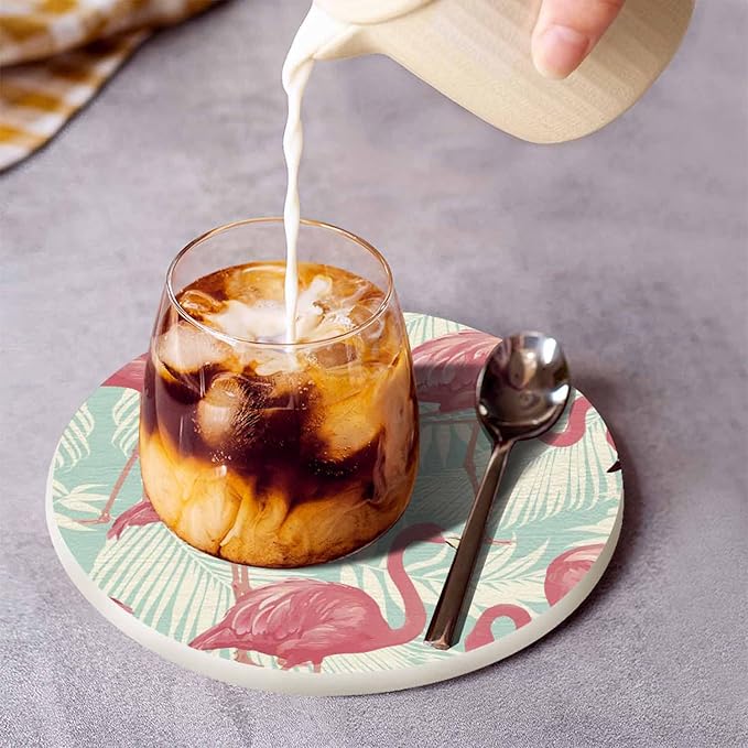 Flamingo Bird and Tropical Palm Anti Slip Coasters Elegant Tropical Pink Animal Romantic Cups Place Mats for Table Home Decor 4 Inches Living Room Kitchen Coffee Table,2 Pcs