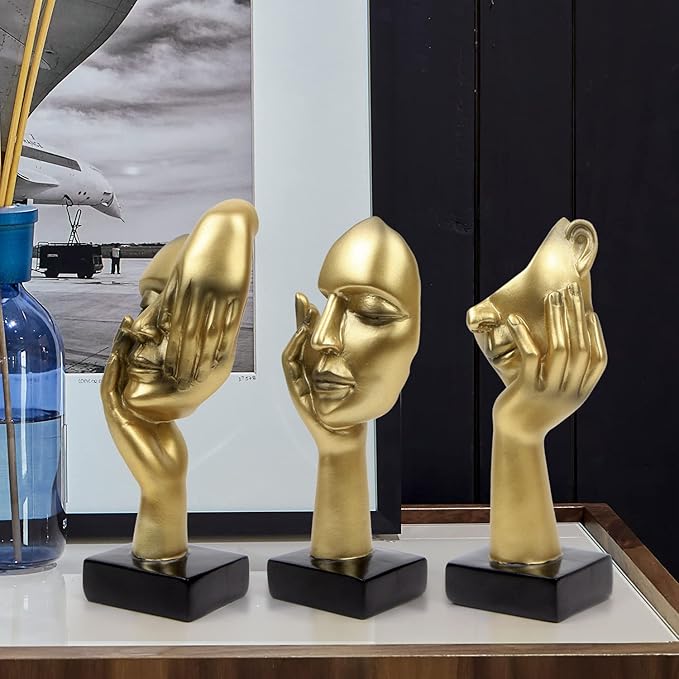 3 Pcs Thinker Statue,Modern Home Resin Sculptures,Collectible Figurines for Home Office Bookshelf Desktop Decor(Golden)