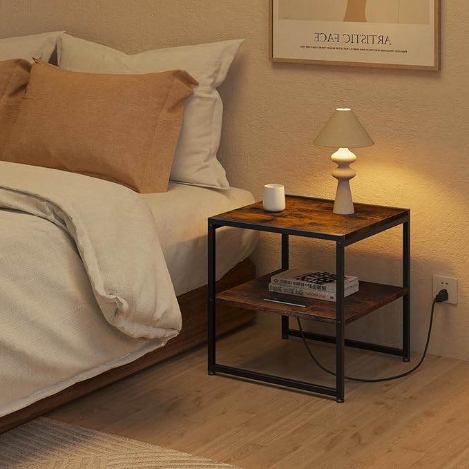 Tatub 20" End Table with Charging Station, Industrial Square Side Table with USB Ports & Outlets, Versatile 2-Tier Small Nightstand for Bedroom Living Room, Rustic Brown