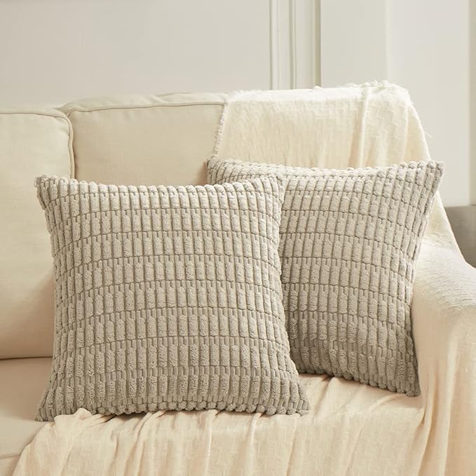 Fancy Homi 4 Packs Taupe Decorative Throw Pillow Covers 24x24 Inch for Living Room Couch Bed, Rustic Modern Farmhouse Boho Home Decor, Soft Plush Corduroy Cute Square Accent Cushion Case 60x60 cm