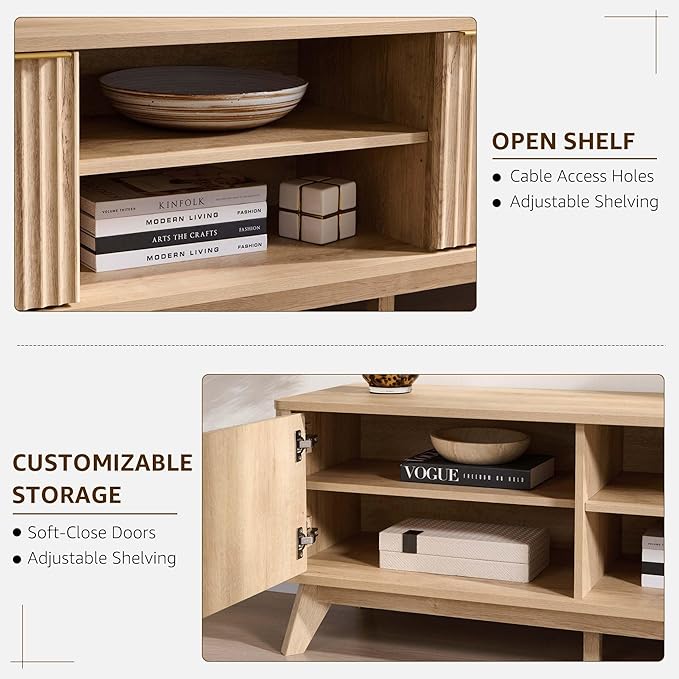 OKD 70" Mid Century Modern Fluted TV Stand, Entertainment Center, Sideboard, Media Console for Living Room with 2 Soft Close Door/Adjustable Shelves (Natural Oak)