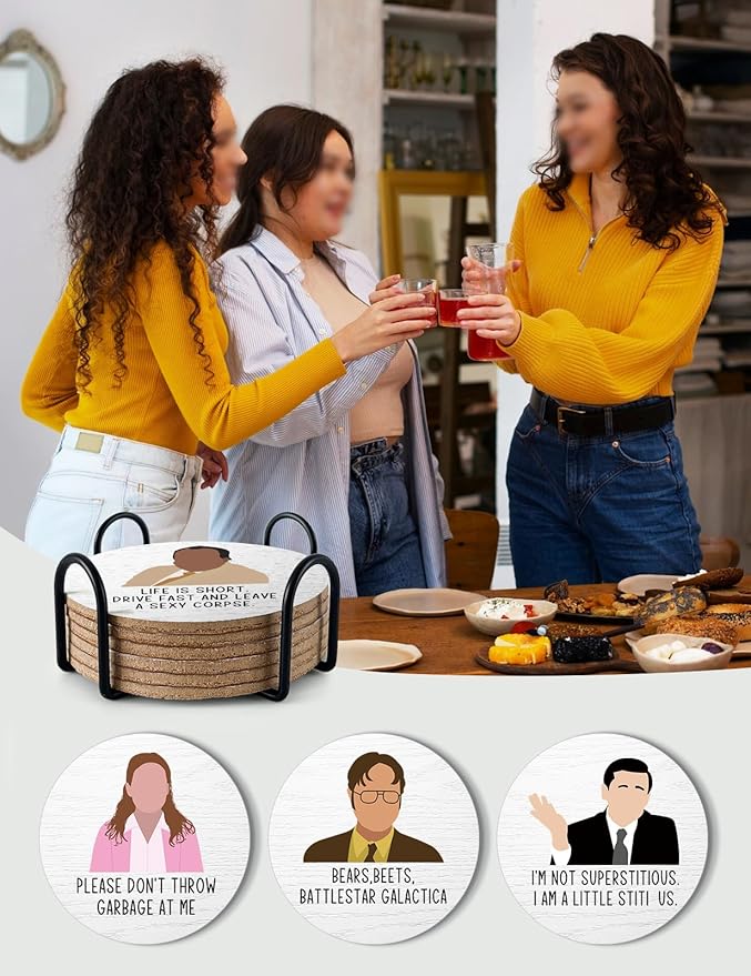 Funny The Office Themed Coasters for Drinks - New Girl Merchandise Coasters Set of 6 with Holder, New Girl Merch TV Show Gifts for Coffee Table, The Office Gifts for Man Women Fans