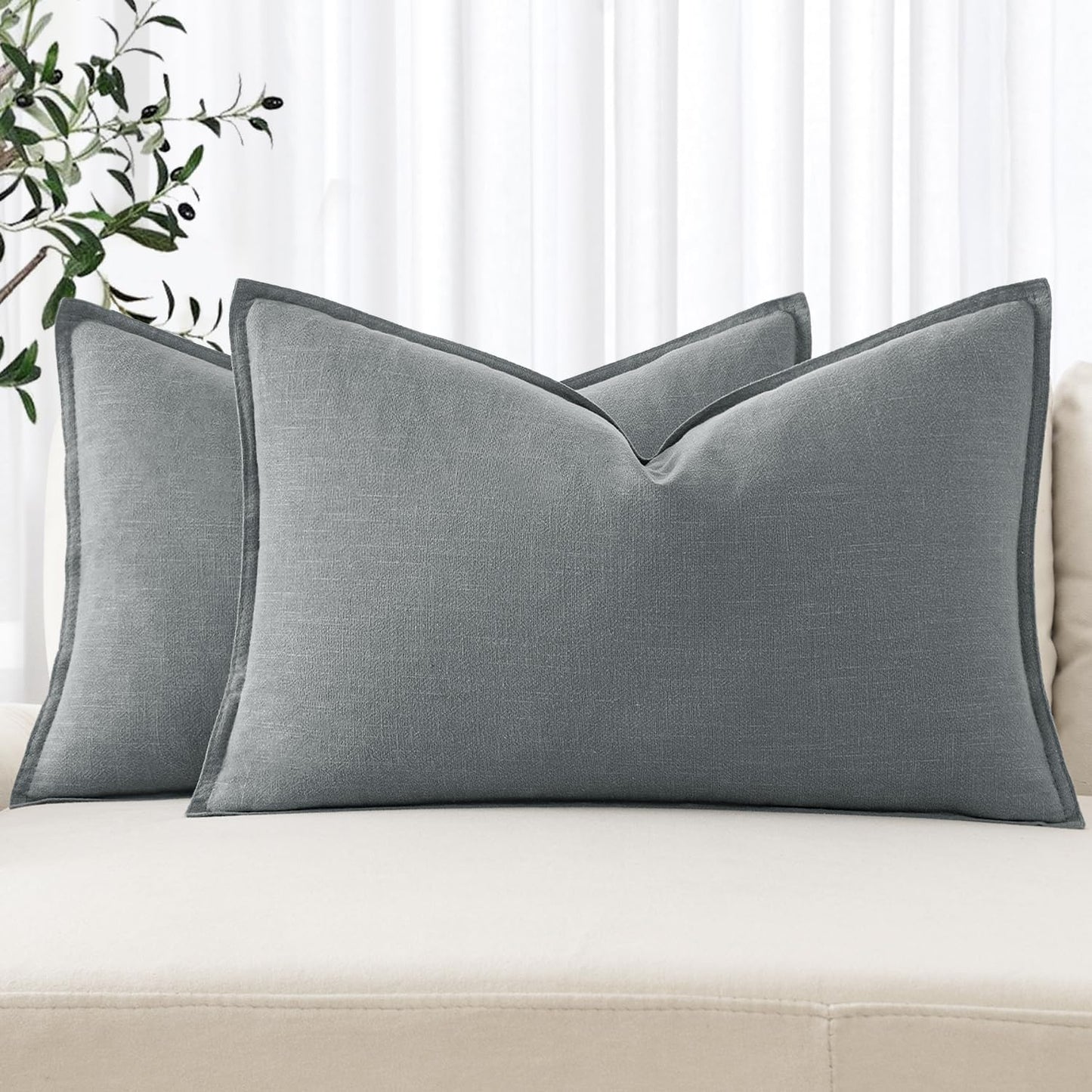 MIULEE Decorative Linen Lumbar Pillow Covers 12x20 Inch Gray Boho Farmhouse Neutral Couch Throw Pillows for Bed Pack of 2 Accent Modern Pillowcase Sofa Livingroom Home Decor