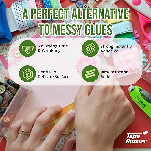 Tape Runner - Double Sided Adhesive with Dispenser Roller Included - Acid Free, Sticky, Transparent - Ideal for Scrapbooking, Crafts & More - Retractable (315 inches per Cartridge), 10 Cartridges