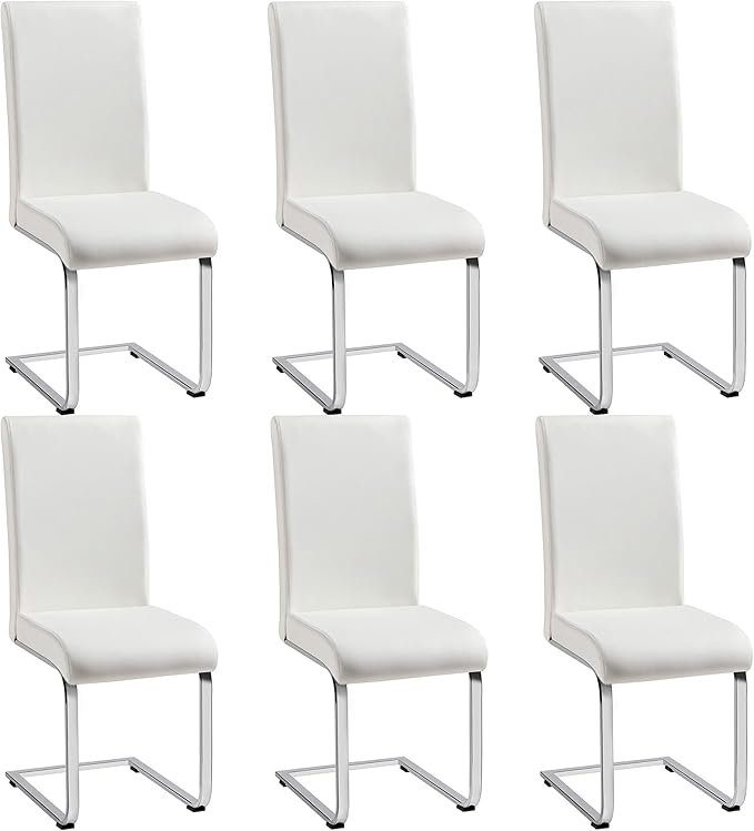 Yaheetech Dining Chairs Set of 6 Modern Faux Leather Upholstered Dining Room Chairs with High Back and Metal Chrome Legs for Kitchen/Living Room/Restaurant, White