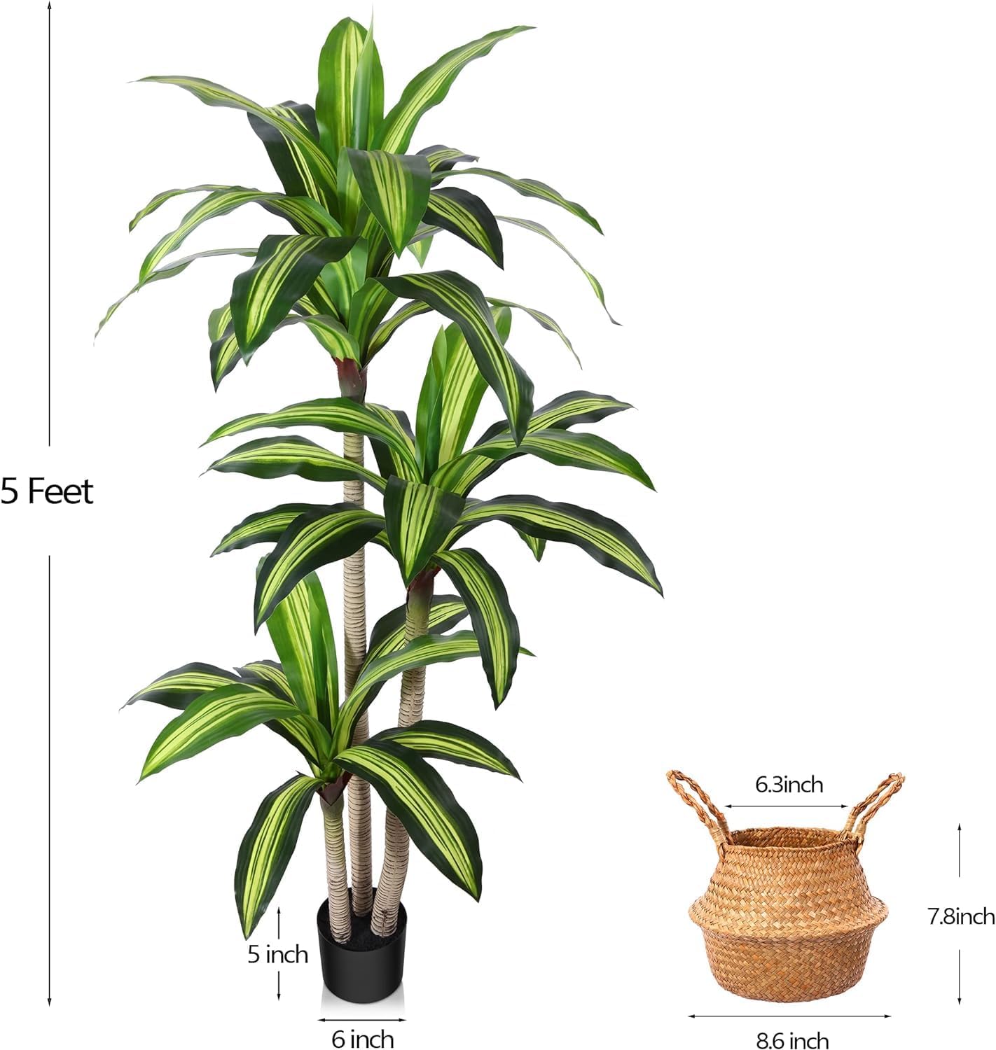 Artificial Plants, 5 Ft Dracaena Tree Faux Plants Indoor Outdoor Decor Fake Tree with Woven Seagrass Basket Plants for Home Decor Office Living Room Porch Patio Housewarming
