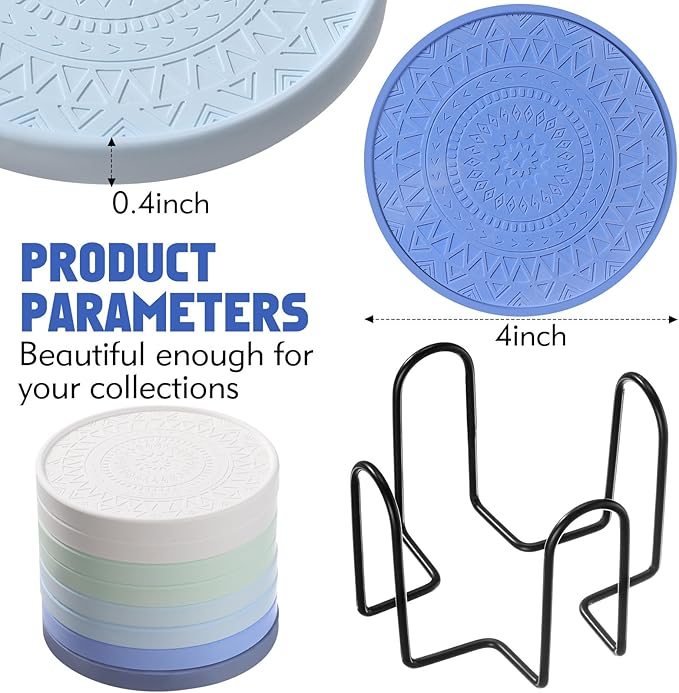 Photect Diatomaceous Earth Coasters Set with Holder Absorbent Stone Drink Coasters Instant Drying Tray for Tabletop Protection Home Decoration Housewarming Gift(Blue,8 Pcs)
