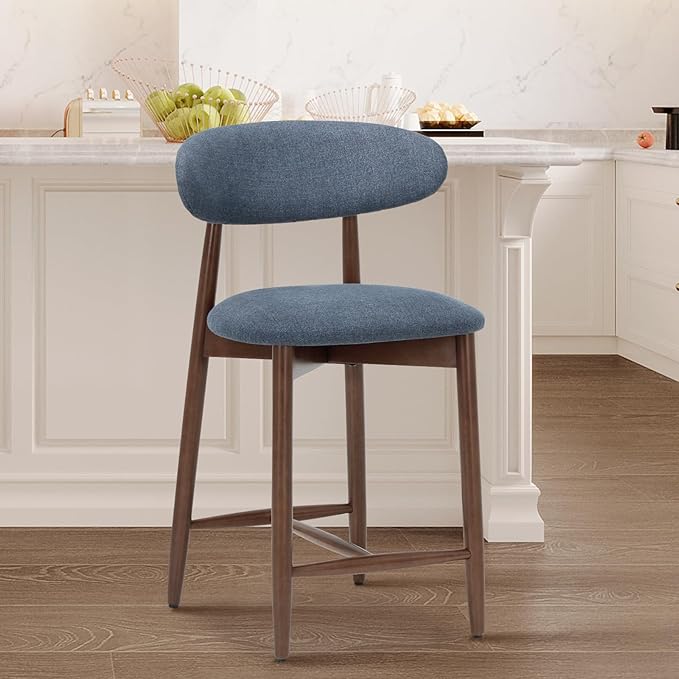 COLAMY Upholstered Counter Height Bar Stools, Kitchen Island Chairs with Back, Modern Counter Stools with Wood Legs for Kitchen Dining Room, Blue