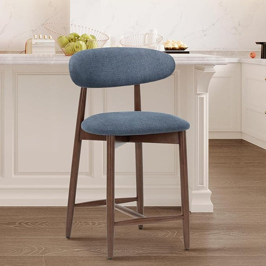 COLAMY Upholstered Counter Height Bar Stools, Kitchen Island Chairs with Back, Modern Counter Stools with Wood Legs for Kitchen Dining Room, Blue