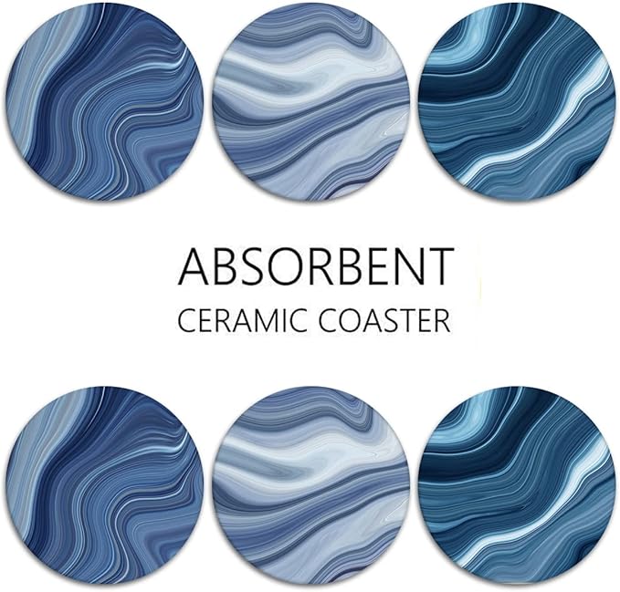 Britimes Coaster for Drinks Set of 6, Vintage Retro Colorful Blue Marble Absorbent Round Ceramic Stone Mat, with Cork Base and Metal Holder, Gift for Housewarming Room Bar Decor
