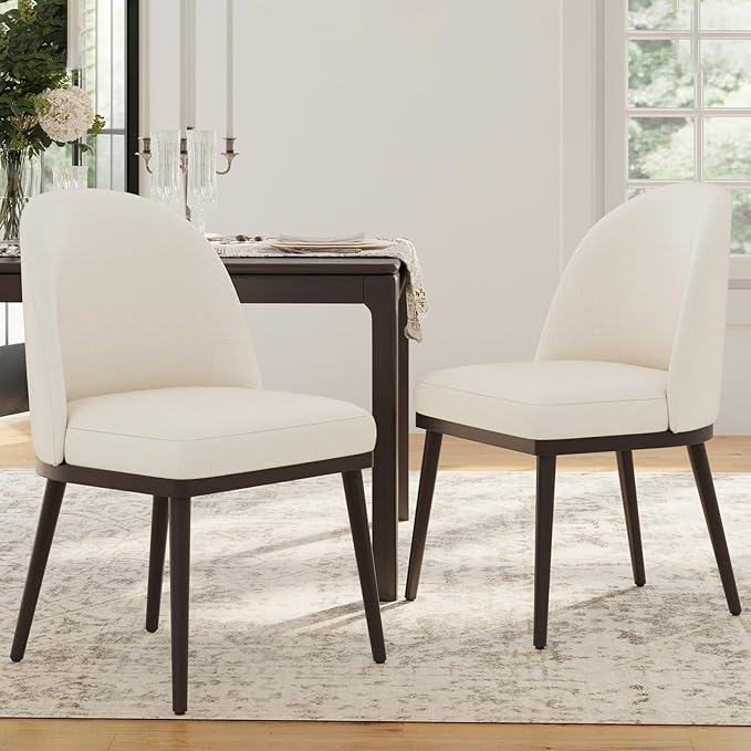 Upholstered Dining Chairs Set of 2, Large Dining Room Kitchen Chairs with High Back and Deep Seat, Modern Fabric Dinner Chairs with Wood Legs, Beige