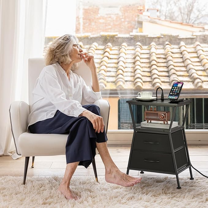 Nightstand with Charging Station, Side Tables for Bedroom with Built-in USB Side Table with 2 USB Ports and Outlets Nightstand with Cloth Drawer End Tables Living Room Sofa Couch