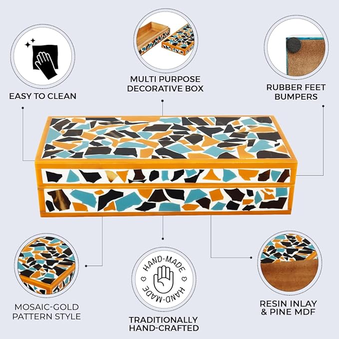 Handicrafts Home Handmade Mosaic Collection Decorative Jewelry Box Organizer – Keepsakes, Trinkets, and Home Decor – Antique Coffee Table Storage, Memory Box, Farmhouse Style Decor Gold, 10x4.5x2.5
