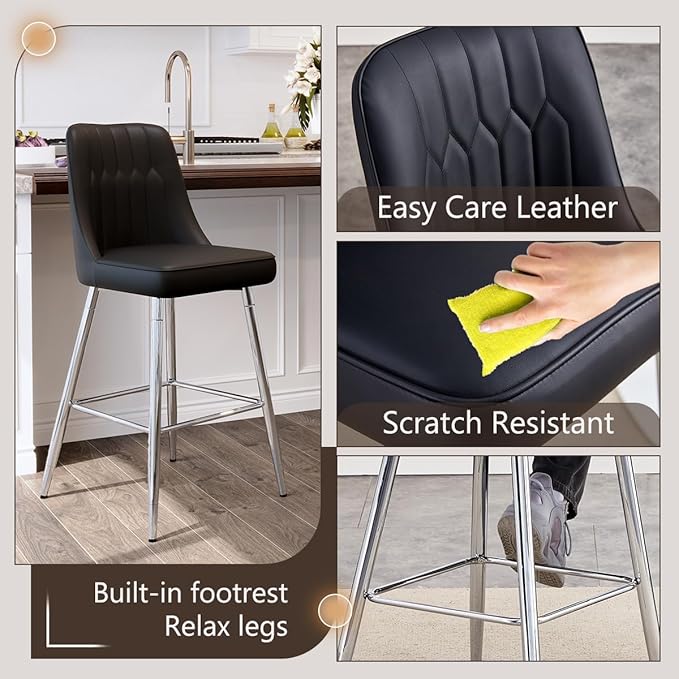 Bar Stools Set of 2,Counter Height Bar Stools with Back,Modern Faux Leather Kitchen Stools,27"Black Barstools with Stable Metal Leg,Armless Counter Height Chair for Kitchen Island,Coffee Corner