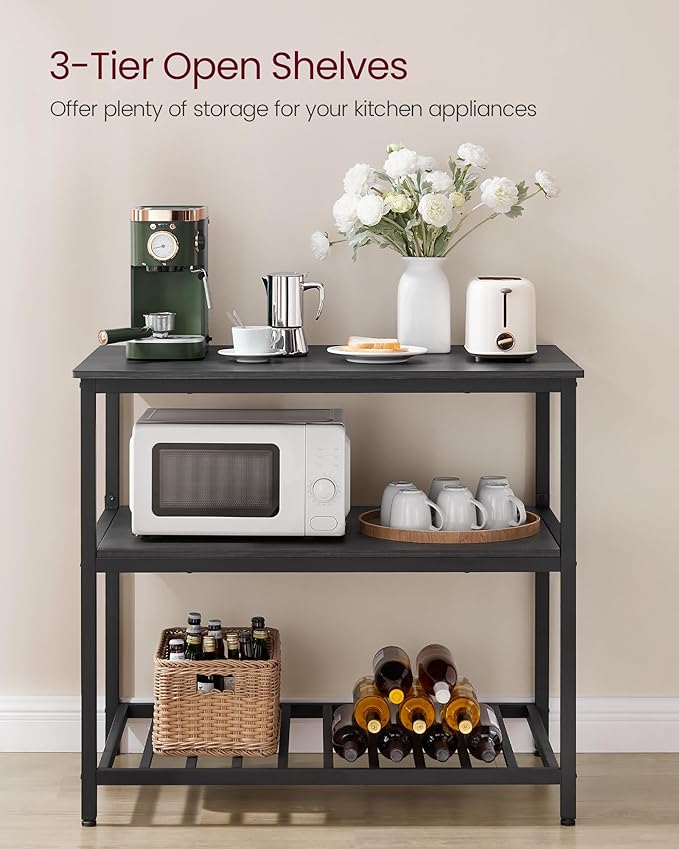 VASAGLE Kitchen Island with 3 Shelves, 39.4 Inches Width Kitchen Shelf with Large Worktop, Stable Steel Structure, Industrial, Easy to Assemble, Ebonised Oak and Black UKKI005B42