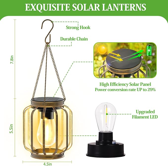 Solar Lanterns, Upgraded Metal Outdoor Lights, Brighter Hanging Solar Lights for Outside Waterproof, Auto On/Off Warm White Lighting for Yard, Garden, Patio, Pathway Decor (Bronze, 2 Pack)