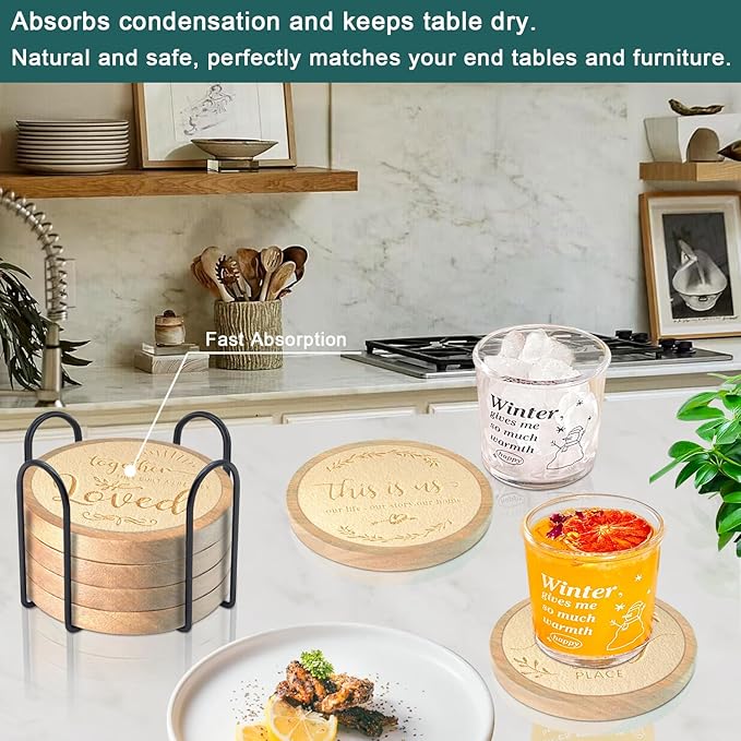 Coasters Sets of 6 Housewarming Gifts for Home Decoration Absorbent Coasters with Holder for Coffee Tabletop Protection 4.3 Inch Beige