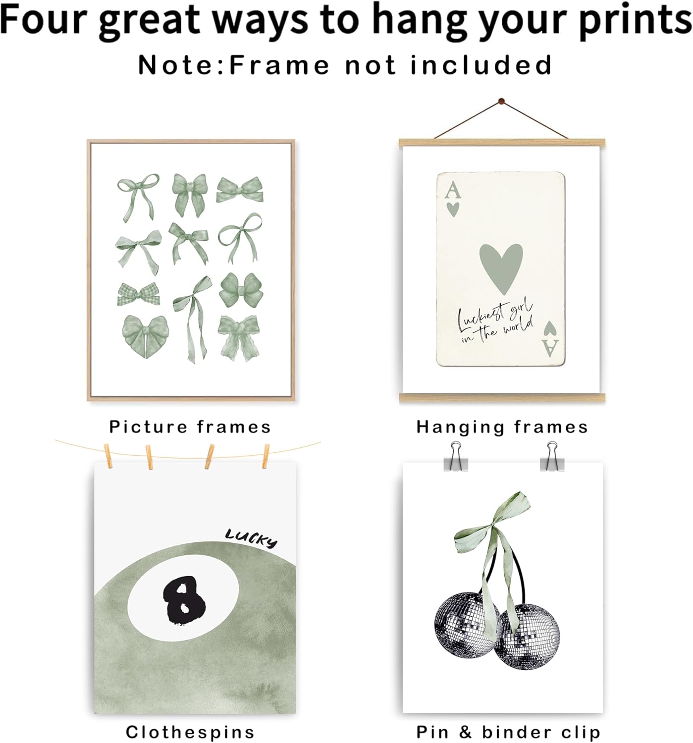 okaxscm Sage Green Coquette Trendy Preppy Wall Art Prints Set of 4, Coquette Preppy Room Decor Aesthetic, Green Bow Disco 8 Ball Cherry Wall Decor Posters for Girls Bedroom Dorm, 8x10 Unframed