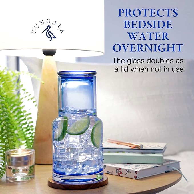 Bedside carafe and glass set, Ombre blue glass bedside carafe with glass that sits inside the carafe, drip free, modern design. 100% dishwasher safe.