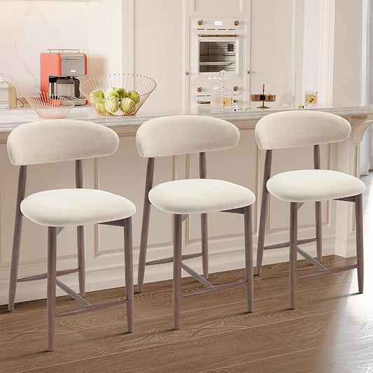 COLAMY Counter Height Bar Stools Set of 3, Kitchen Bar Stools with Back, Mid Century Modern Upholstered, with Wood Legs for Kitchen Island Dining Room, Beige