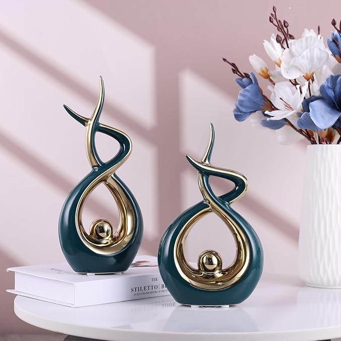Gold Green Modern Sculpture Table Decorations, Ceramic Knick Knacks Statues for Living Room Decor, Tv Stand and Desk Decor, Suitable for Coffee Tables and Shelf Decorations, Great Gift Idea