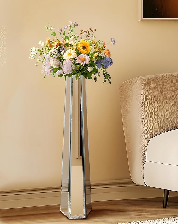 Tall Mirrored Floor Vase: 30.3 High Silver Mirror Vase with Hexagonal Shape, Large Floor-Standing Bling Decor for Living Room Wedding Centerpieces, Won't Hold Water