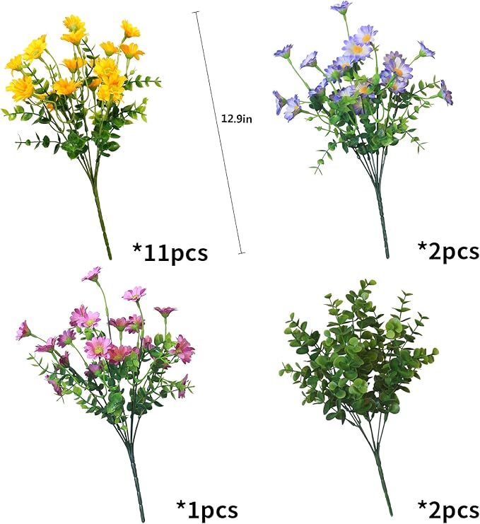 Artificial Outdoor Plants Faux Zinnia Flowers Eucalyptus 16 Bundles Fake Daisy Fade Resistant Wild Flowers Look Real Colorful Flower for Planter Front Porch Decor (16 Bundles 4 Colors)