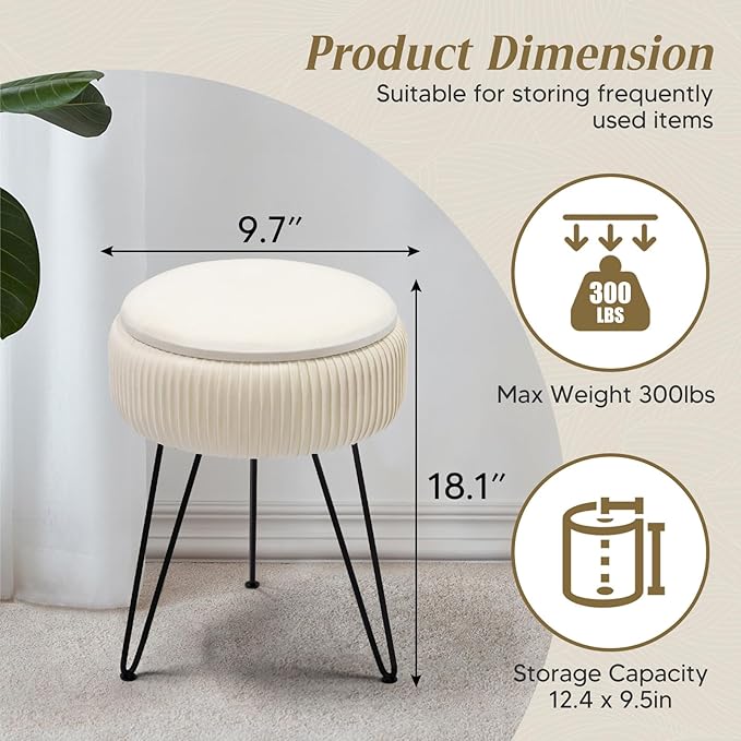 Velvet Vanity Stool with Storage, Round Ottoman Vanity Chairs with Anti-Slip Feet, Dressing Table Seat Foot Stool with Black Legs, Furry Padded Seat Side Table for Makeup Bedroom, White