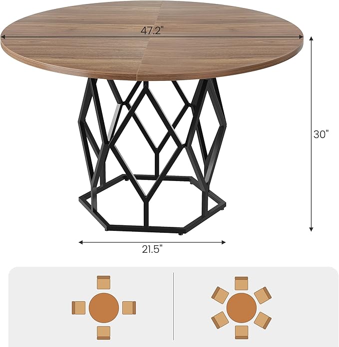 IDEALHOUSE 47 Inch Round Dining Table, Farmhouse Dining Kitchen Table for 4-6 People, Kitchen & Dining Room Tables, Circle Kitchen Table for Kitchen, Dining Room, Living Room, Brown