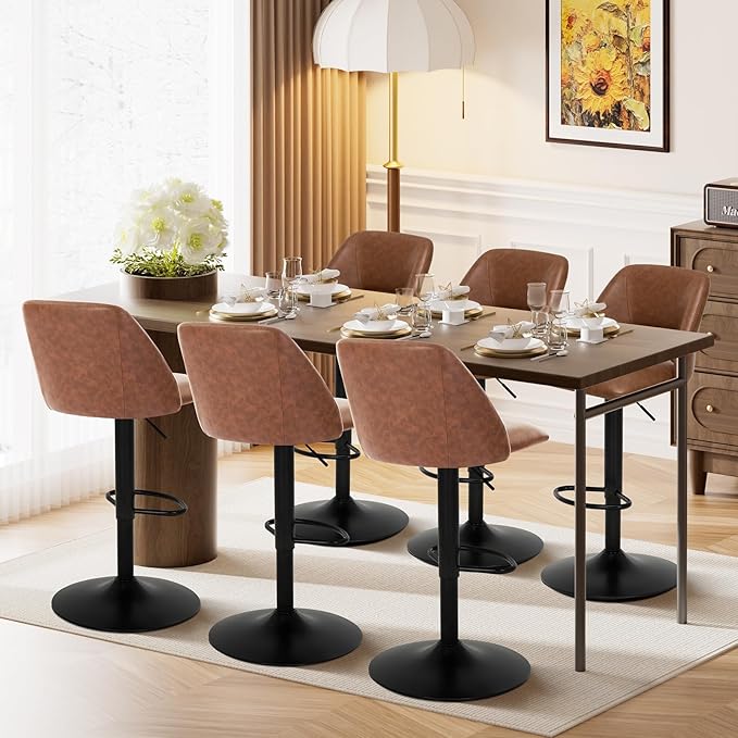 COLAMY Bar Stools Set of 4, Modern Swivel Bar Chairs, Adjustable PU Leather Upholstered Barstools Counter Height with Full Backrest for Bar, Dining Room, Kitchen Island, Brown