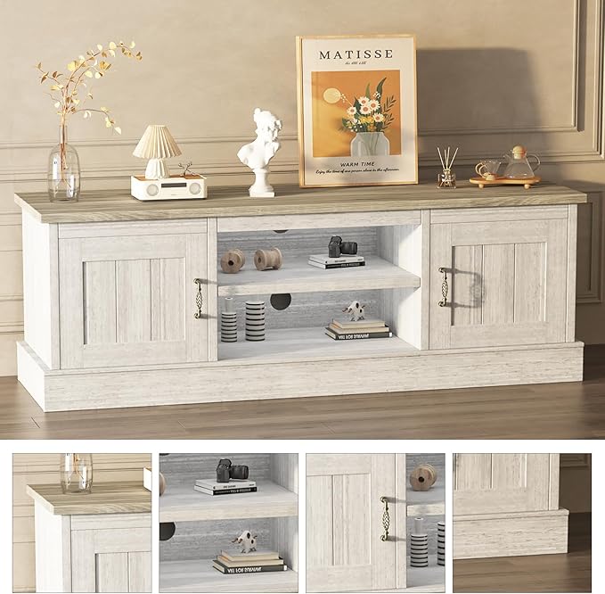 Farmhouse TV Stand for 65 Inch TVs Entertainment Center with Storage Cabinets Modern Media Console Table Rustic Wood Design for Living Room Office 61 * 17.7 * 21.7 Inch Dark Grey