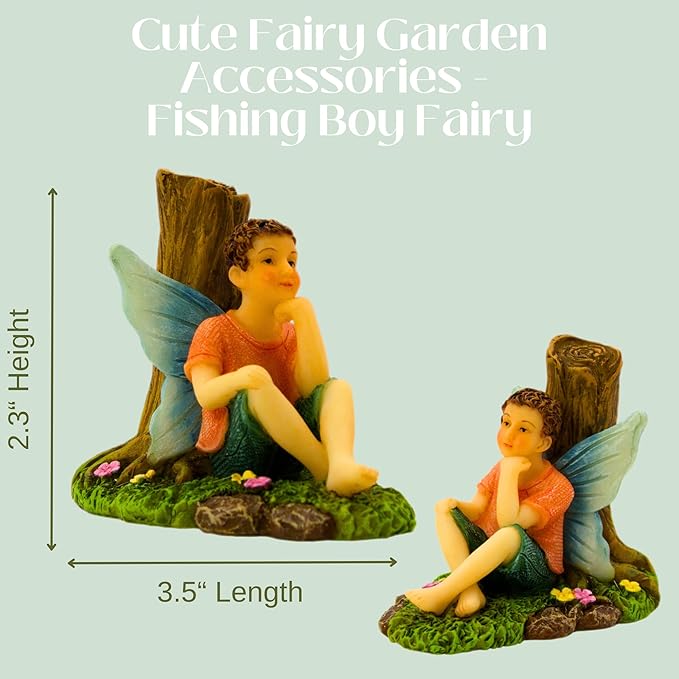 PRETMANNS Fairies for Fairy Garden - Fishing Boy Figurines – Accessories for Indoor or Outdoor Miniature Garden – 2-Piece Set