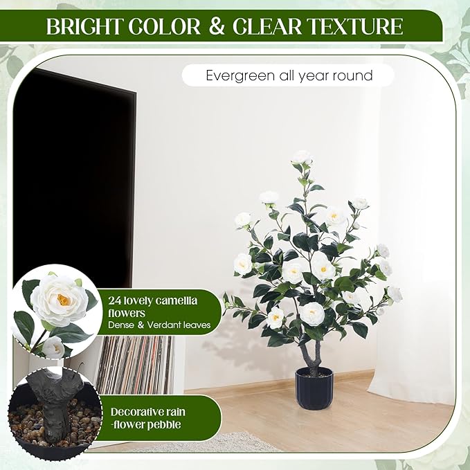 Jexine 2 Pack 36" Artificial Tree with Camellia, Fake Tree with 24 Blooming Flowers, Flower Plants Tree Faux Floral Plant Tree in Cement Pot for Indoor Outdoor Office Home Porch Decor (White, 36")
