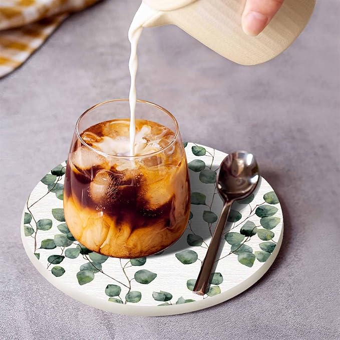 Eucalyptus Round Leaf Coasters Set for Wood Table Green Branches and Leaves Twig Natural Plant Foliage Tabletop Protection Mat for Mugs and Cups 4 Inch for Kitchen Office Home