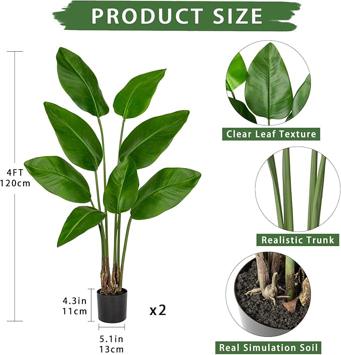 Hollyone 2pcs Large Bird of Paradise Artificial Plant in Pot 4FT Tall Fake Bird of Paradise Plant Faux Tropical Palm Tree Faux Plantain Banana Leaf for Indoor Outdoor Home Office Garden Decor 8 Leaves
