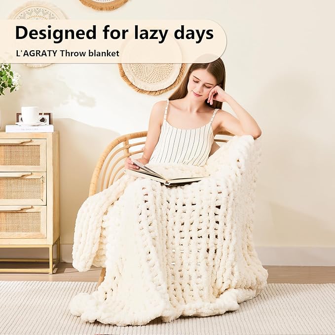 L'AGRATY Chunky Knit Blanket Throw - Soft Chenille Yarn Throw Blanket 40x50: Handmade Thick Cable Crochet Blankets - Large Blankets Chunky Yarn - Rope Knot Throw for Couch Sofa Bed Home Decor