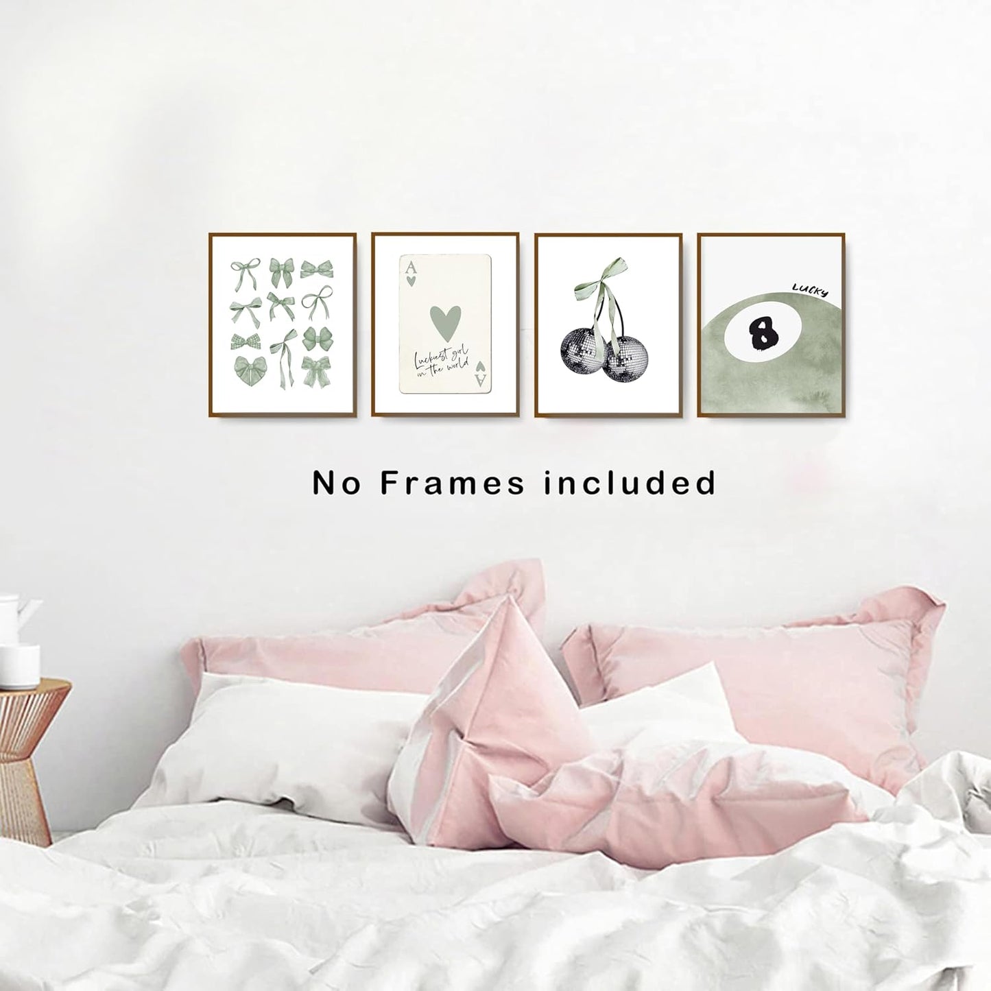 okaxscm Sage Green Coquette Trendy Preppy Wall Art Prints Set of 4, Coquette Preppy Room Decor Aesthetic, Green Bow Disco 8 Ball Cherry Wall Decor Posters for Girls Bedroom Dorm, 8x10 Unframed