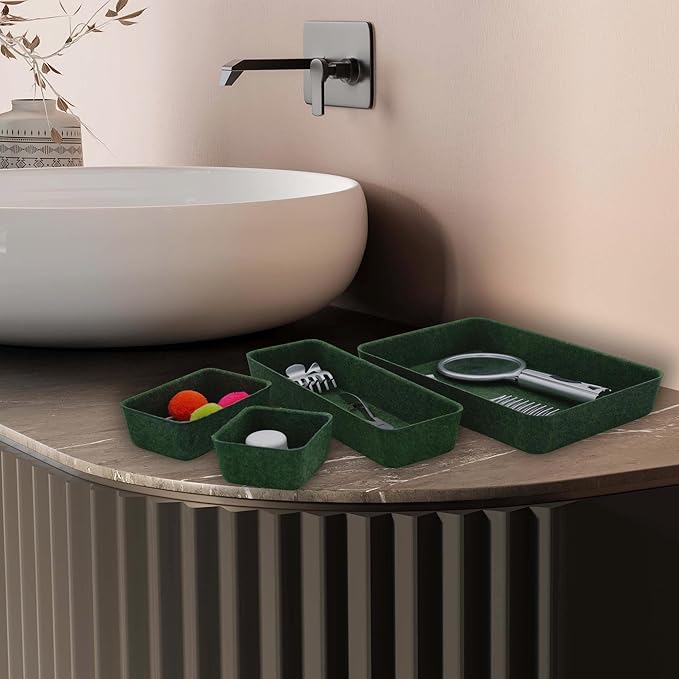 Welaxy Desk drawer organizer bins shallow trays felt storage desktop box for jewelry watches office supplies makeup small key holder minimalism 8-piece (Forest Green)