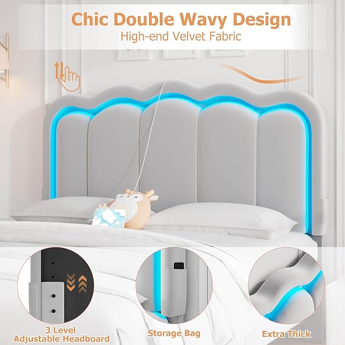 Queen Upholstered LED Bed Frame with 2 Storage Drawers and Adjustable Chic Double Wavy Headboard, Velvet Prince Platform Bed with Charing Station, Solid Wood Slats Support,No Box Spring Needed,Grey
