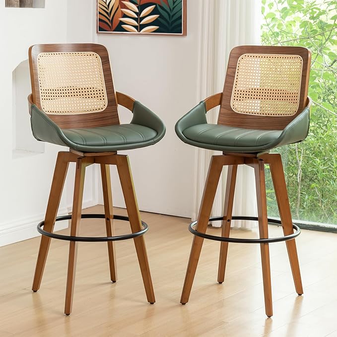 Bar Height Bar Stools Set of 2 - 29.5 inch Mid Century Modern Bar Stools with Cane Back, Curved Arms, Faux Leather Upholstered Seat, Rattan BarStools for Island/Pub/Kitchen (30" Seat Height, Green)