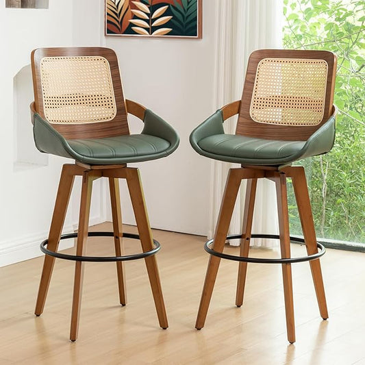 Bar Height Bar Stools Set of 2 - 29.5 inch Mid Century Modern Bar Stools with Cane Back, Curved Arms, Faux Leather Upholstered Seat, Rattan BarStools for Island/Pub/Kitchen (30" Seat Height, Green)