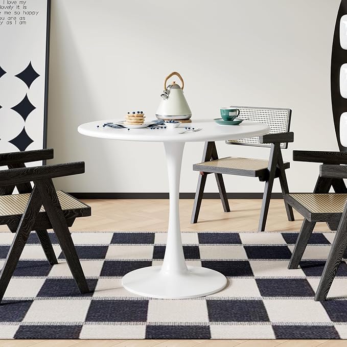 White Round Dining Table for 2 Person, 24 Inch Small Tulip Table with Pedestal for Living Room, Mid Century Modern Kitchen Tables for Office, Bistro, Pub, Bar, Wood Circle Cafe Tables,mesas de comedor