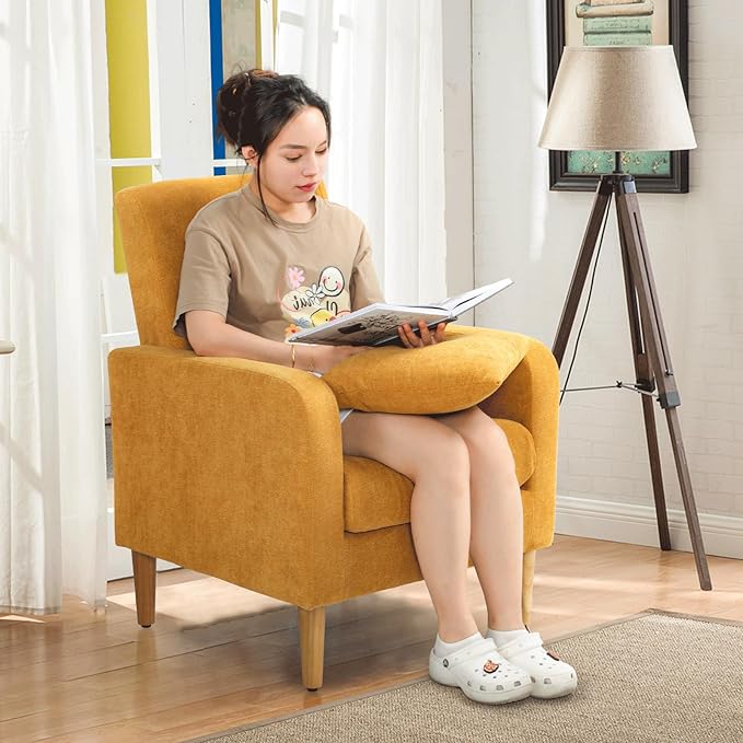 Athena Collection Modern Accent Chair with Cushion, Comfy Upholstered Fabric Reading Chair for Adult, Soft Sofa Armchair for Living Room, Bedroom, Dorm, Yellow