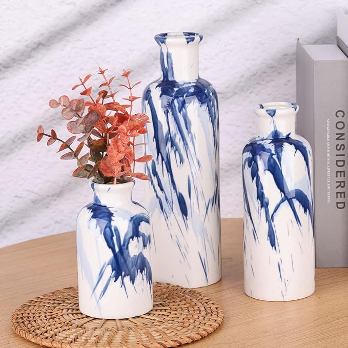 Blue Ceramic Vase Set of 3 - Decorative Navy Blue and White Vase for Centerpieces, Farmhouse and Home Decor - Ideal for Living Room, Kitchen, Bedroom, Dining Table and Office Decor