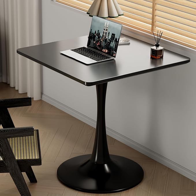 24" Black Small Dining Table for 2 or 4, Small Square Tulip Table for Kitchen, Round Corner Wood Bistro Table, Mid Century Modern Tables with Sturdy Pedestal for Living Room, Cafe, Office, Pub, Bar