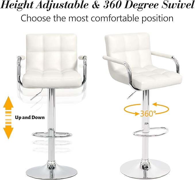 Modern PU Leather Bar Stools Set of 6, Adjustable Swivel Square Bar Chairs, Counter Height Barstools with Arms and Large Base for Island/Kitchen(White)