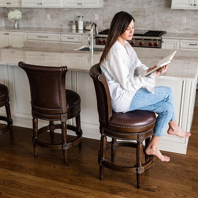 Maven Lane Pullman Counter Stool 26 Inches – Set of 2 – Swivel Stools with Footrest – Brown Solid Wood Frame & Brown Faux Leather Upholstery – Perfect for Kitchen Islands & Counters