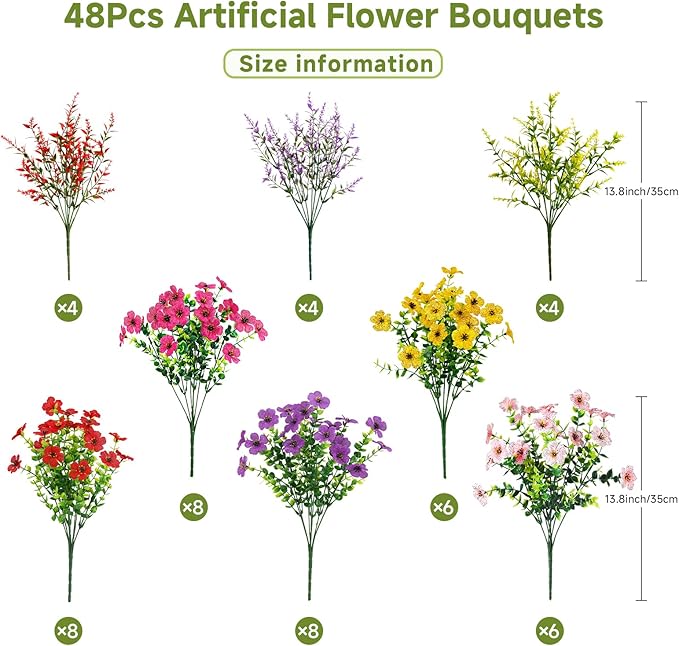 SHareconn 48 Bundles Artificial Flowers for Outdoors Decoration, Faux Plants Fake Silk Colorful Daisy Eucalyptus Lavender, UV Resistant for Outside Home Porch Patio Indoor Spring Decor, Mix 5 Colors
