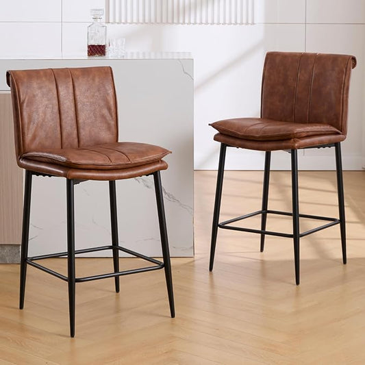 CIMOTA Leather Counter Height Bar Stools Set of 2, Modern 26 Inch Upholstered Barstools with Back and Metal Legs, Comfortable Kitchen Island Chairs, PU Brown